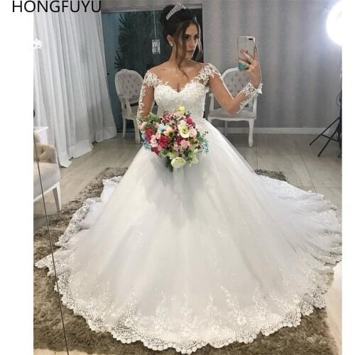 HONGFUYU Vestido De Noiva 2021 Stunning Sequins Lace Wedding Dresses with Appliques Long Sleeves Bridal Gowns Custom robe mariee