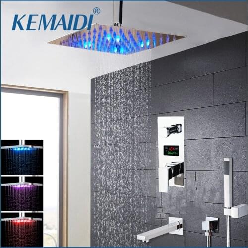 KEMAIDI Chrome Brass LED Shower Head Digital Display Mixer Taps Bathroom Shower Faucet 3-Functions Digital Shower Faucets Set