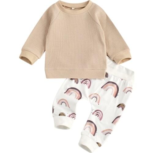 Newborn Baby Girls 2-piece Outfit Set Long Sleeve Waffle Hoodie Top+Rainbow Print Pants Set for Kids Boys Spring Autumn