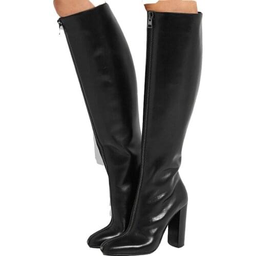 Zipper Leather Boots Knee High Long Boots Square Heel Shoes Upper Design Graceful Female Zip Knee High Boots