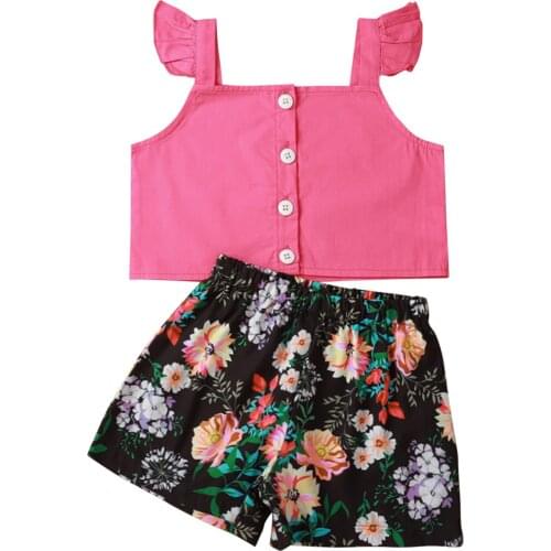 Summer Girls Two-Piece Clothes Set Flying Sleeve Tops and Flower Print Shorts for Birthday Party Vacation
