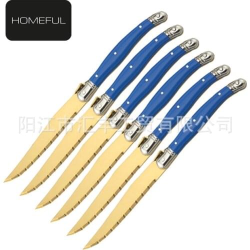 6-Piece Set Manufacturers Supply Gold-Plated Peptide Blade Steak Knife Stainless Steel Serrated Steak Knife Plastic Handle Steak