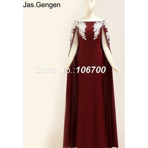New Arabia Style Lace Cape Prom Dress Slveeless Embroidery Boat Neck Burgundy Long Jersey Evening Dresses 1125C 2018