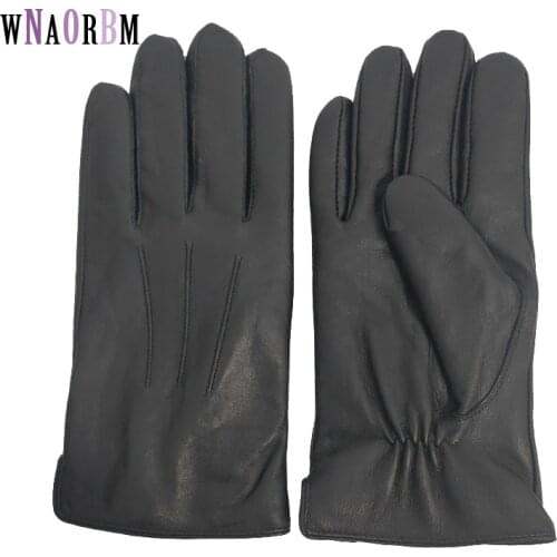 New style mens leather gloves warm soft sheepskin gloves black three thread design mens mittens coral fleece lining