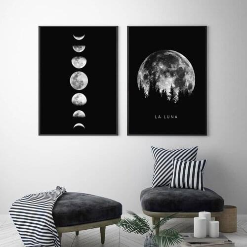 Minimalist Full Moon Poster Art Black White Moon Phases Prints Solar System Canvas Pictures Painting for Living Room Decoration
