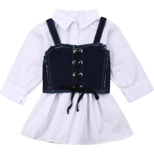 Personalised Baby Girls Casual Shirt Dress + Denim Vest Long sleeve Party Fashion Dresses Clothes 2Pcs Outfits 1-6Y