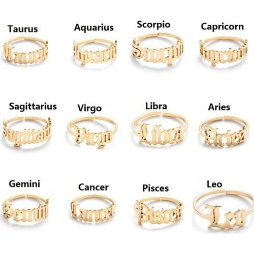 Adjustable Gold Silver Color Stainless Steel Twelve Constellation Opening Ring For Women Zodiac Sign Party Jewelry Aries Leo