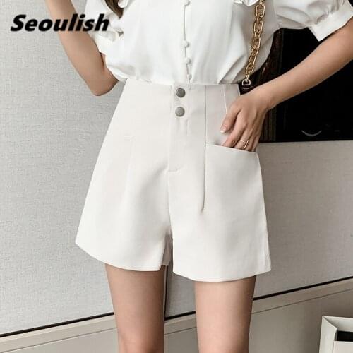 Seoulish 2021 New Formal Womens Shorts Buttons High Waist Office Casual Solid Workwear Female Wide Leg Shorts Spring Summer