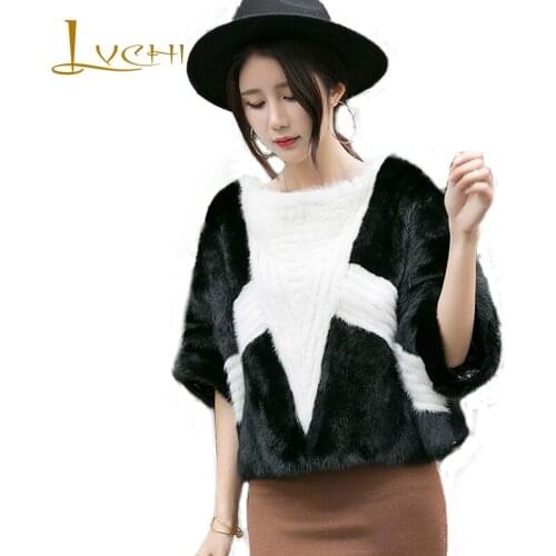 LVCHI Winter 2019 Imported Mink Coat Womens Natural Fur Coat Mink Coat Slim O-Neck Patchwork Black White Pullover Mink Coats