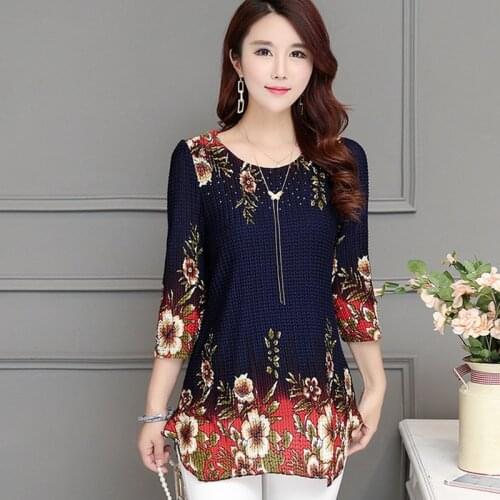 Vintage Women Blouse Casual Diamonds Flower Print Chiffon Shirt Ladies Elegant Long-Sleeved Spring Autumn Female Tops Clothes