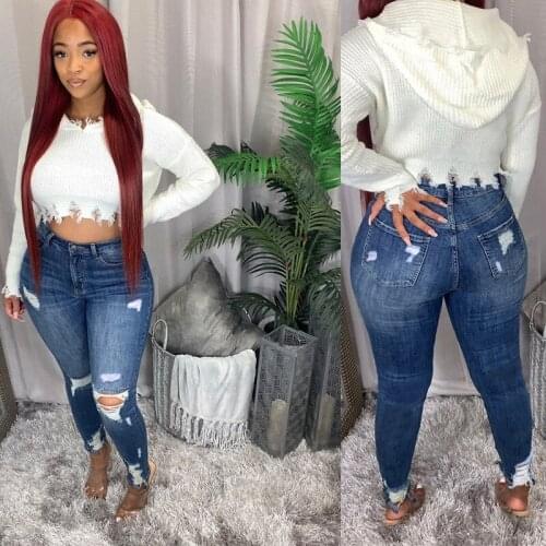 FNOCE 2020 new womens ripped jeans pants fashion trends elegant sexy high waist slim tight stretch hole denim pencil pants