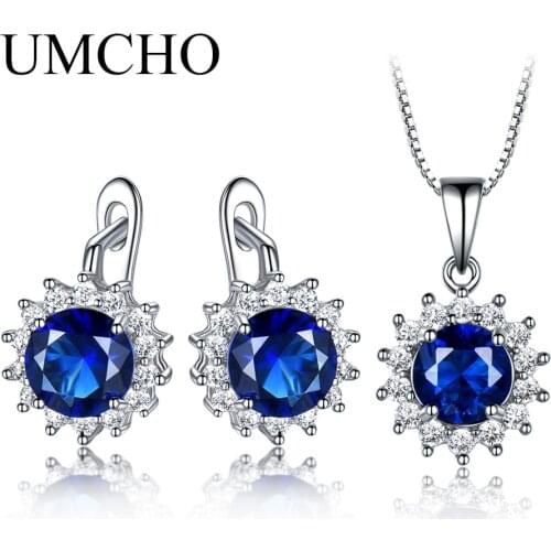 UMCHO Created Sapphire Stud Earrings Necklace Real 925 Sterling Silver Jewelry Sets For Women Elegant Classic Gift Fine Jewelry