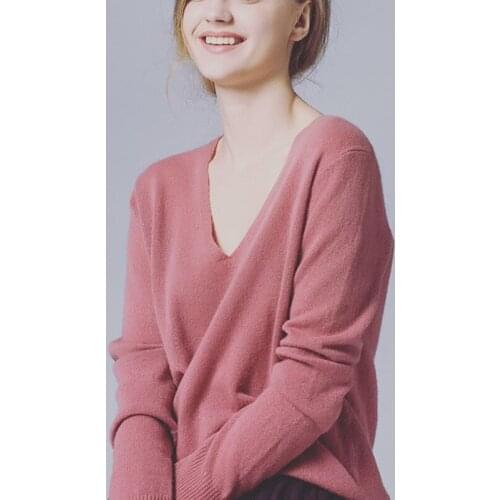 Pure goat cashmere kint women simple fashion big V-neck short pullover sweater solid color S/M/L/XL retail wholesale