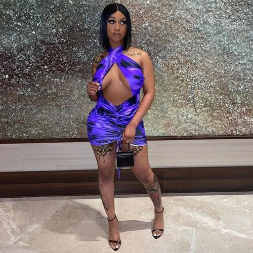 Off Shoulder Ruched Drawstring Bandage Dress Women Halter Neck Backless Print Skinny Dress Summer Front Hollow Pleated Dresses