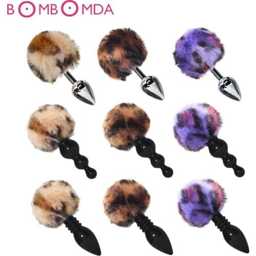 Rabbit Tail Butt Plug Sex Toys for Women Anal Beads No Vibrator Metal Leopard Printed Anal Dilator Anal Sex Toys Adult Sex Shops