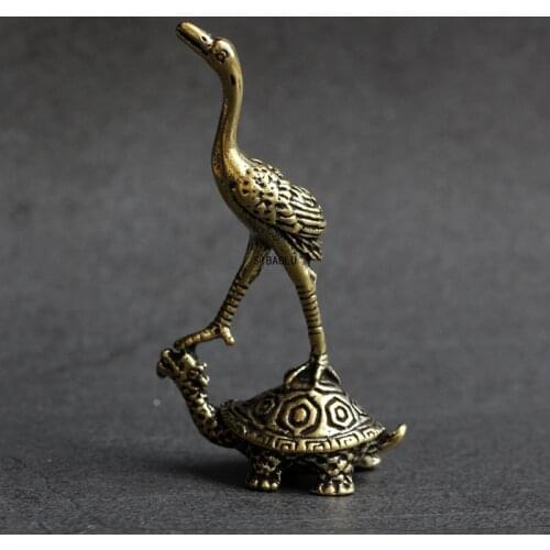 Antique Chinese Brass Crane Turtle Statue Ornament Brass Tea Pet Living Room Decoration Fish Pond Rockery Crane Turtle