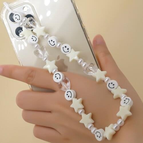 White Smiley Soft pottery Beads Phone Case Chains Women Cute Star Beaded Strap Phone Charm Mobile Anti-Lost Lanyard Jewelry Gift