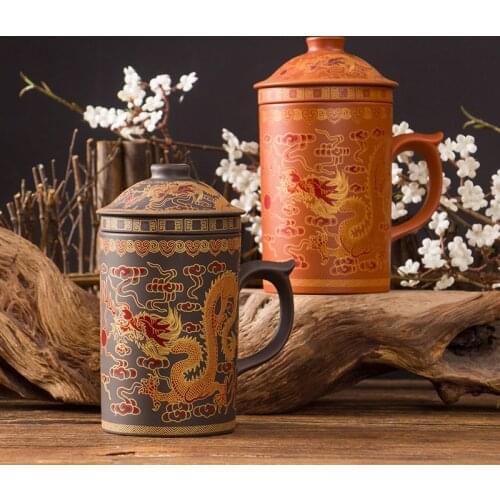 Retro Yixing Dragon Phenix Purple Clay Tea Mug with Lid and Infuser Handmade Ceramic Teacup Office Water Cup Gift Home Drinkware