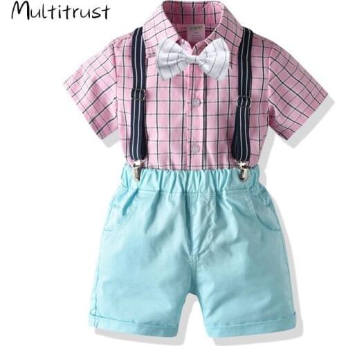 Gentleman Boy Short Sleeve Shirt + Shorts Bow Plaid Print Elastic Waist 3Pcs Summer Clothing 3-7Y Baby Clothes Sets