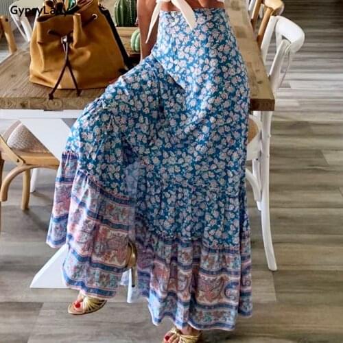 GypsyLady Vintage Floral Print Skirt Women Summer Boho Long Skirts Elastic Waist Ladies Ethnic Female Casual Chic Maxi Skirt