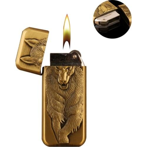Creative Embossed Wolf Plating Metal Lighter Long Straight Butane Gas Mens Gift