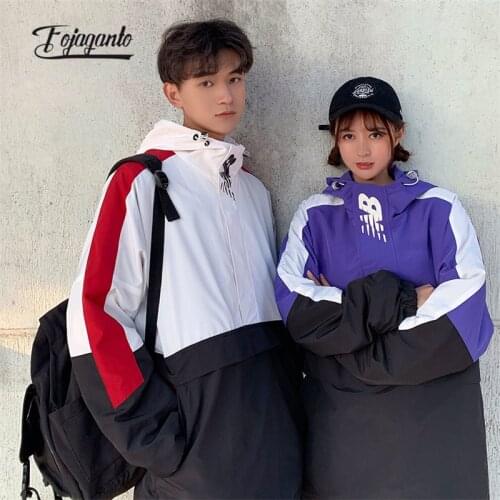 FOJAGANTO Spring Autumn Mens Outdoor Jacket Stitching Color Students Couple Pullover Coat Fashion Streetwear Hooded Jacket Male