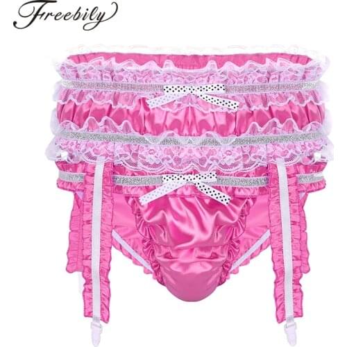 Mens Lingerie Shiny Satin Ruffled Frilly Low Rise Stretchy Sissy Triangle Briefs Underwear Sexy Gay Male Panties with Garters