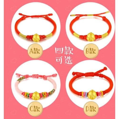 New 3D Yellow Gold Zodiac chicken bracelet red weave string pure gold 0.8-1g Hot Sale