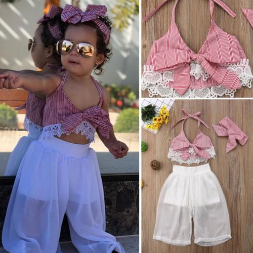 New Summer Girl 3pcs Outfits Toddler Girls Clothes Set Baby Sleeveless Lace Bow Crop V-neck Tops Pants Headbands Clothing