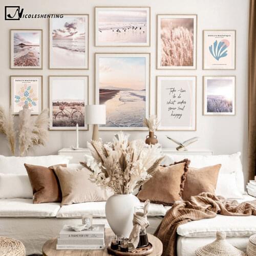 Autumn Sunset Grass Bird Beach Canvas Painting Scandinavian Nature Landscape Poster Print Nordic Art Wall Picture Home Decor