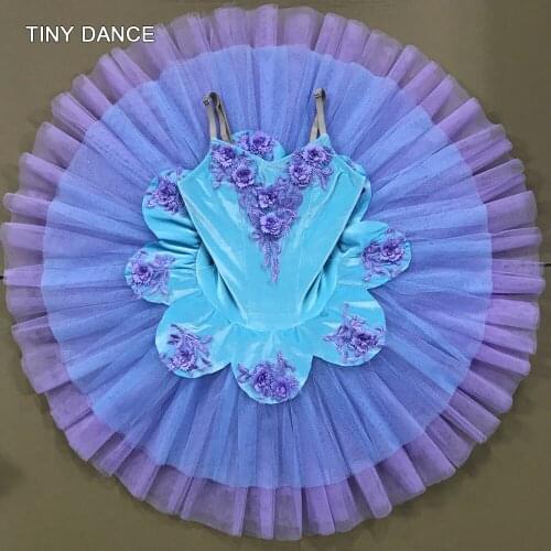 Aqua Blue Professional Tutu Velvet Bodice with Mauve 7 Layers Pleated Tulle Ballet Pancake Tutu for Performance Costumes BLL140
