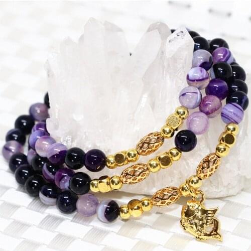 Fish pendant unique elastic purple multilayer long bracelet natural carnelian stone veins agat onyx 6mm round beads jewelryB2242