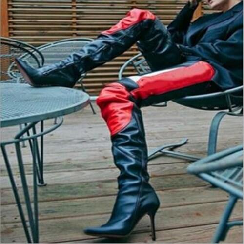Large Size 44 Waist Boots Black Red Blue Leather Patckwork Tight High Boots Pointed Toe Gladiator Heels Over Knee Boots
