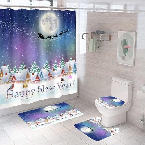 Merry Christmas Shower Curtain Snowman Santa Father Bell Elk Pattern Bathroom Curtains Anti-slip Bath Mat Set Toilet Seat Cover