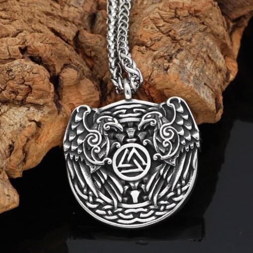 Nordic Viking odin raven Huginn and Muninn valknut stainless steel Nordic pendant necklace with gift bag