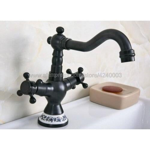 Basin Faucets Black Oil Brass Bathroom Sink Faucet 360 Degree Swivel Spout Double Cross Handle Bath kitchen Mixer Taps Knf645
