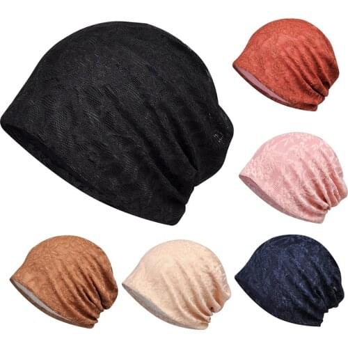 Women Soft Breathable Beanie Lace Turban Solid Color Stretchy Slouchy Hat Cap suitbale for Shopping Dating Travel Daily