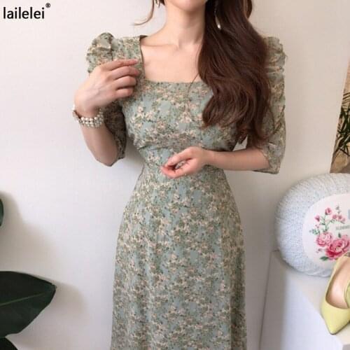 Square Collar Chiffon Floral Dress Green Puff Sleeve Vestidos De Verano Maxi Dresses For Women Beach Boho Elegant Midi Pink Rob