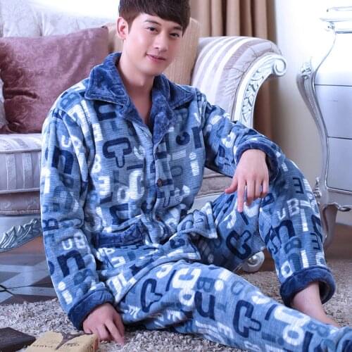 Male Coral Fleece Pajamas Mens Thickening Flannel Long Sleeves Homewear 2pcs Coral Velvet Nightwear Plus Size Sleepwear D-2078