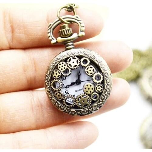 Antique Copper Steampunk Vintage Hollow Bronze mini Gear Hollow Quartz Pocket Watch Necklace Pendant Clock Chain gift PM68