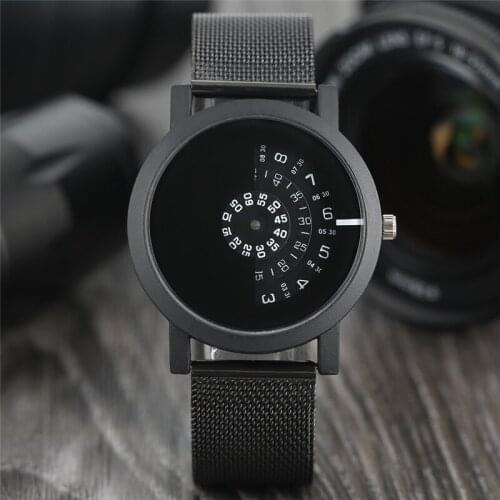 YISUYA Men Cool Turntable Circle Dial Half Arc Quartz Analog Wristwatch Stainless Steel Mesh Sport Casual Watches Creative Clock