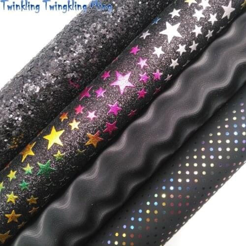 Black Glitter Leather Fabric , Stars Printed Glitter Leather, Wave Synthetic Leather Fabric For Bow 21x29CM Twinkling Ming KM415