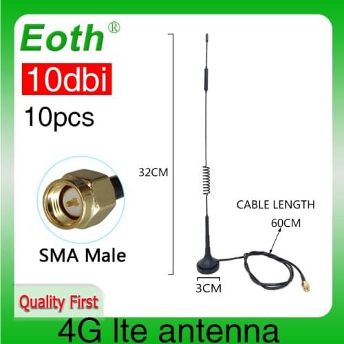 10PCS 4G LTE Antenna 10dbi SMA Male Connector Aerial 698-960MHZ 1700-2700Mhz with magnetic base 60CM CABLE Sucker Antena Antenne