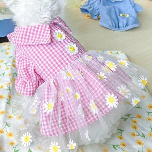 Dog Summer Pet Outfit Cooling Two Feet Pink Blue Plaid Cotton Dog Apparel Costumes For Small Princess Fragrant Skirts Yorkshire