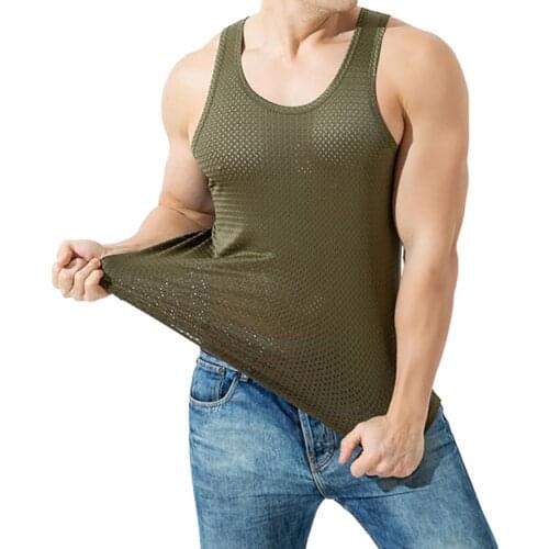40%HOTMen Sporty Sleeveless O Neck Solid Color Mesh See-Through Top Slim Workout Vest