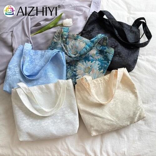 Fashion Women Jacquard Canvas Oil Painting Printing Shoulder Shopping Bag Casual Ladies Large Capacity Tote Handbags