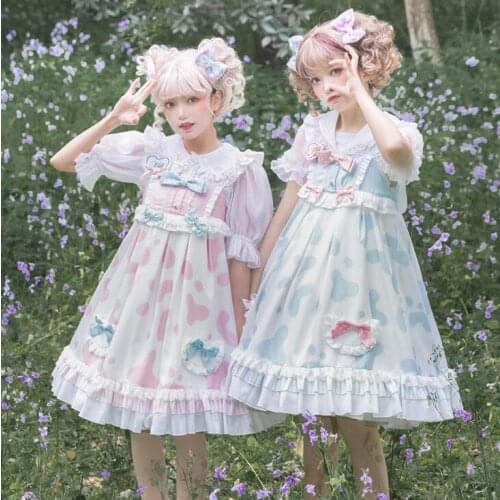 Milk Puddin Original Design Cute Girl Lolita Milk Cow Pattern Suspender Dress Pink & Sky Blue Kawaii JSK One Piece