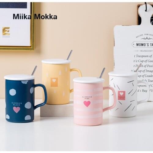 Cartoon Cute Ceramic Mug Creative Heart Coffee Cup with Lid Spoon Breakfast Simple Milk Cup Coffee Mug Water Cup Home Drinkware