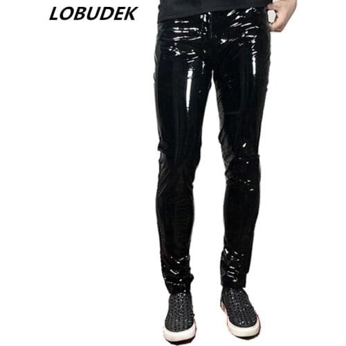 Men Singer Shinny Black PU Leather Pants Spring Autumn Thin Stretch Slim Fit Motorcycle Leather Trousers Bar Hip Hop Clothing