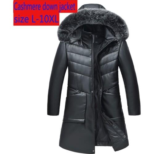 New Super Large High Quality Luxury Winter Men Sheepskin Leather Down Coat Hooded Fox Collar Long Thick Plus Size L-11XL